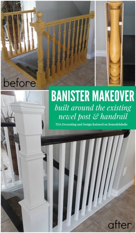 Beautiful stair railing renovation using the existing newel post and handrail | TDA Decorating and Design featured on @Remodelaholic #makeover #staircase